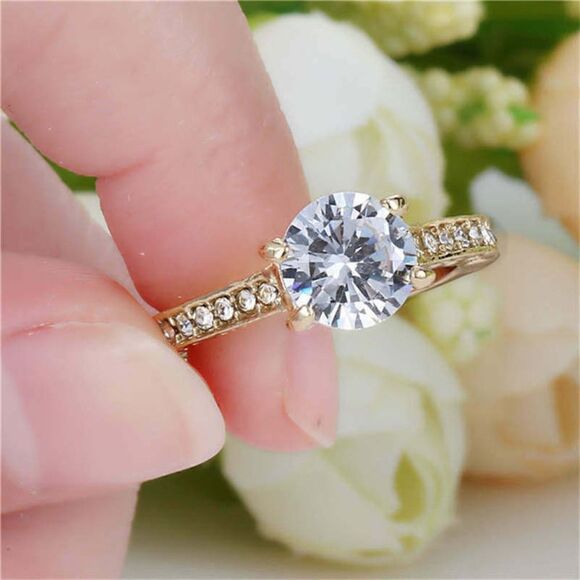 White Sapphire Yellow Rhodium Plated Ring - Picture 1 of 3